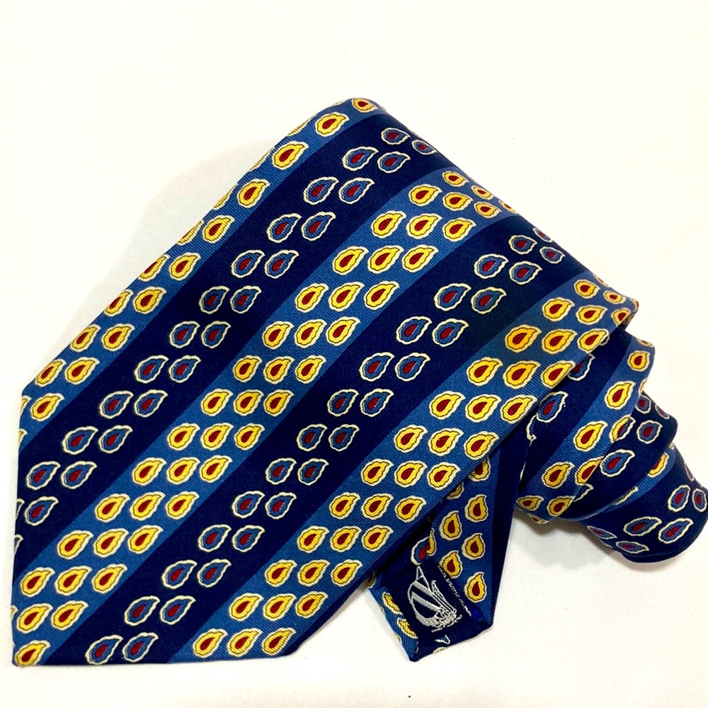 Nautica Mens Necktie Vintage Navy Blue Yellow Red Paisley Stripes 57”